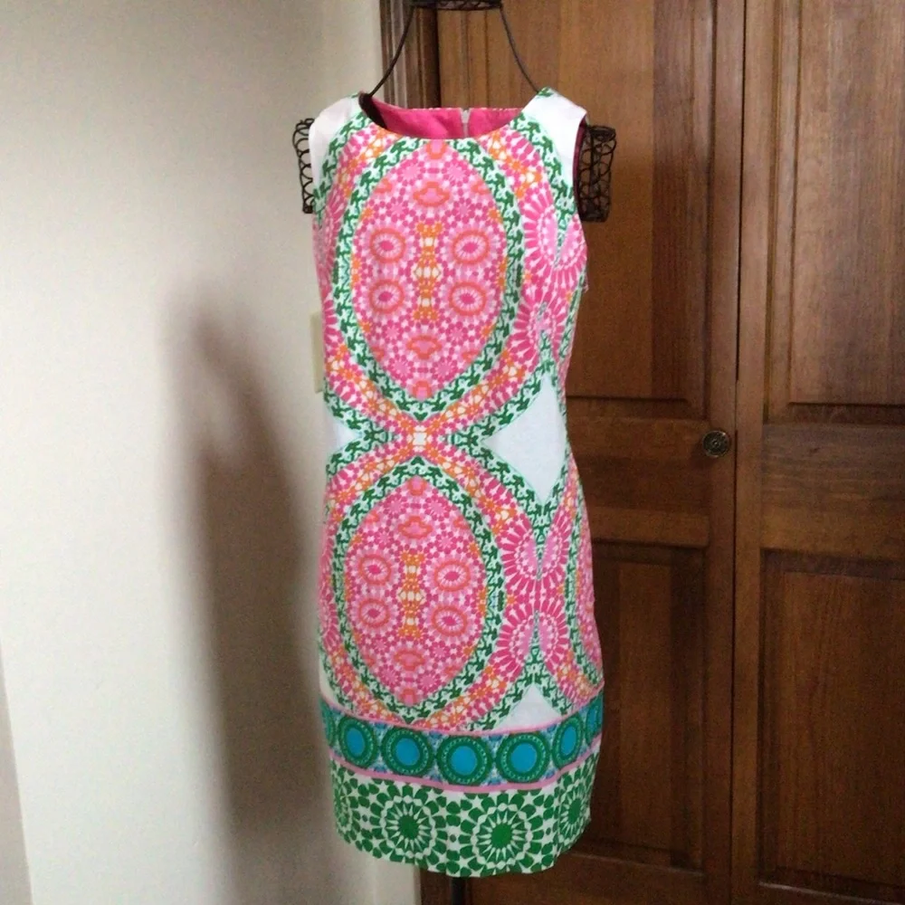 LONDON TIMES Mosaic Print Sleeveless Shift Dress Size 8 in Bright Pink Print - Picture 5 of 7